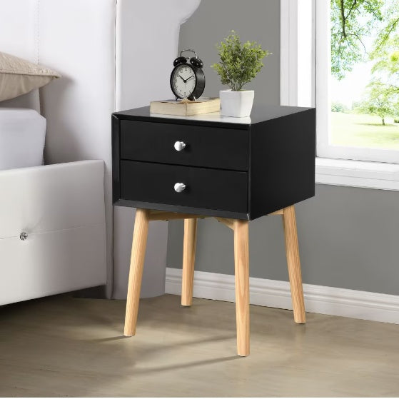 Side Table With 1 Drawer And Rubber Wood Legs, Mid-Century Modern Storage Cabinet For Bedroom Living Room Furniture