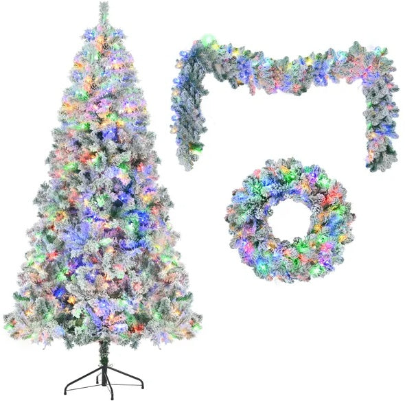 6FT Snow Flocked Christmas Tree  Pre Lit Set With Tree   Garland  Wreath,Artificial Hinged Xmas Tree With Colorful LED Lights8 Lighting Modes, Pine Cones