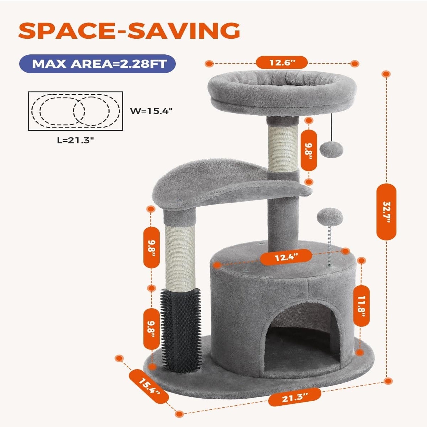 Small Cat Tree For Indoor Cats, Medium Cat Tower With Interactive Cat Toy, 32.7-inch Cat Condo With Self Groomer Brush, Natural Cat Scratching Post, Dangling Balls For Small & Medium Cats, Beige