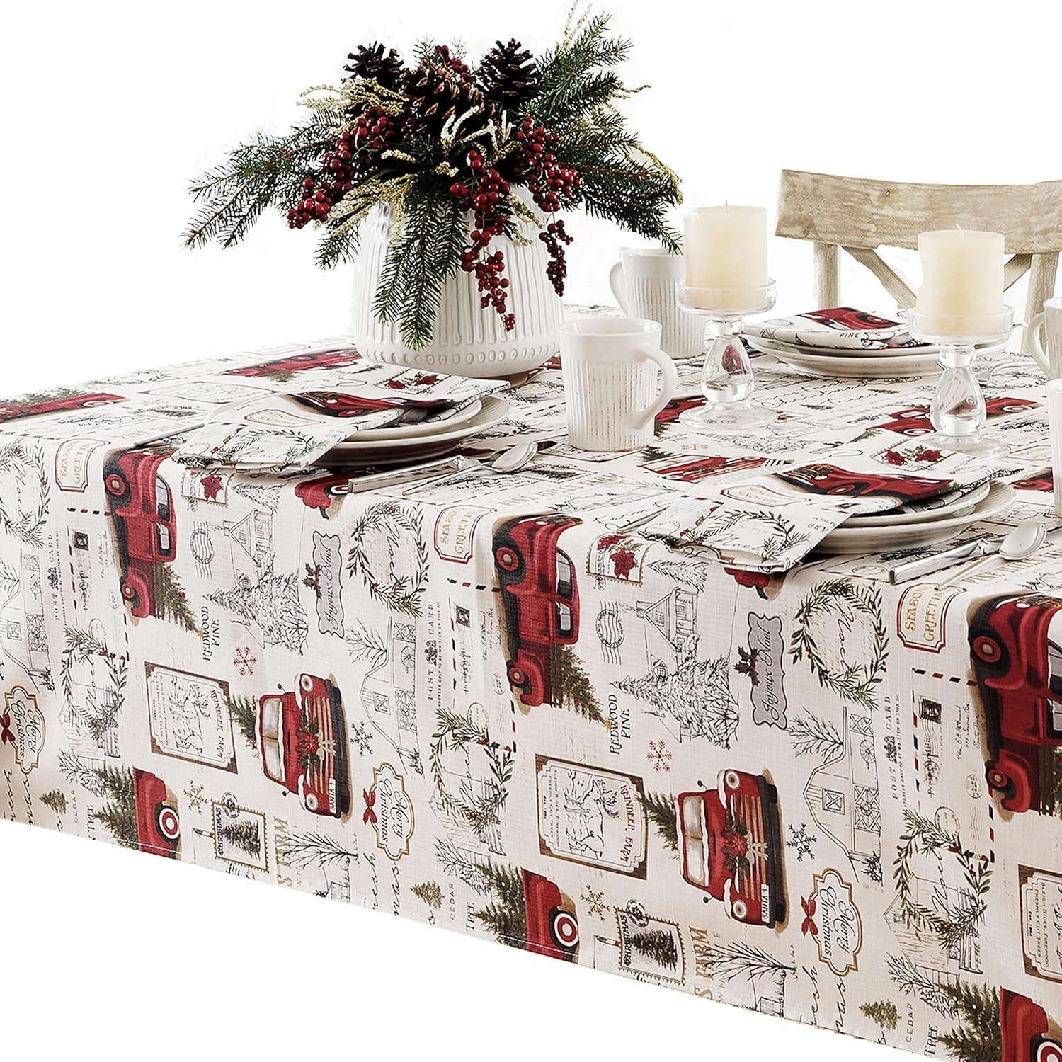 Christmas Pine Hill Tree Farm 52 X 70 Inch Rectangle Fabric Tablecloth, Nostalgic Retro Holiday Country Farm Truck No Iron and Stain Resistant Table Cover for Party, Banquet and Buffet