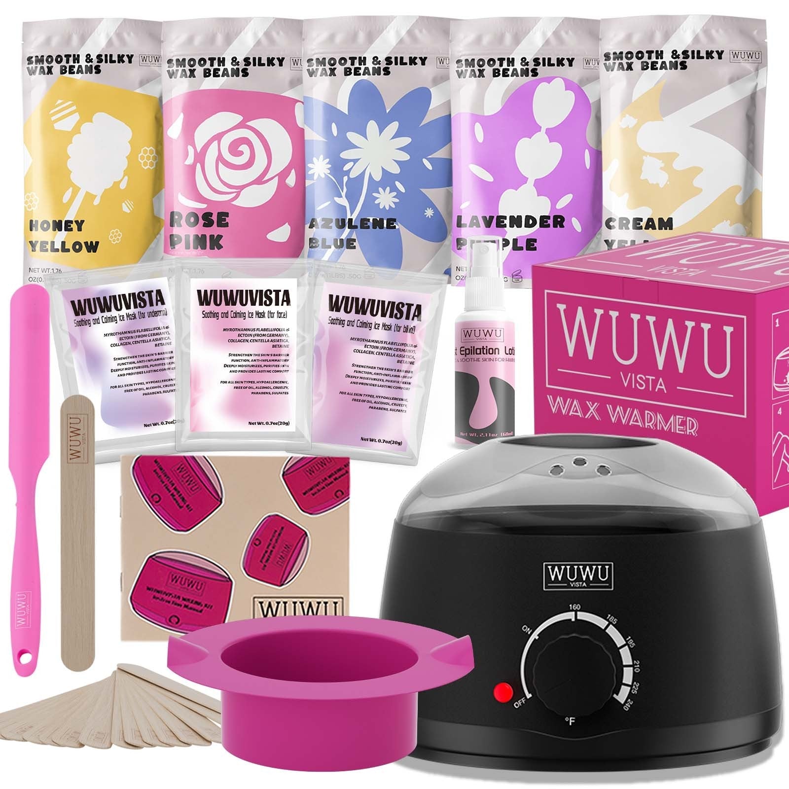 Wg Kiaxint WUWUVISTA 23 Items Hair Removal Wax Kit With Wax Warmer Waxing Beads For Face, Brazilian, Full Body, Bikini, Sensitiive Skin  Skin Suitable For Plugs Of American, European Specification