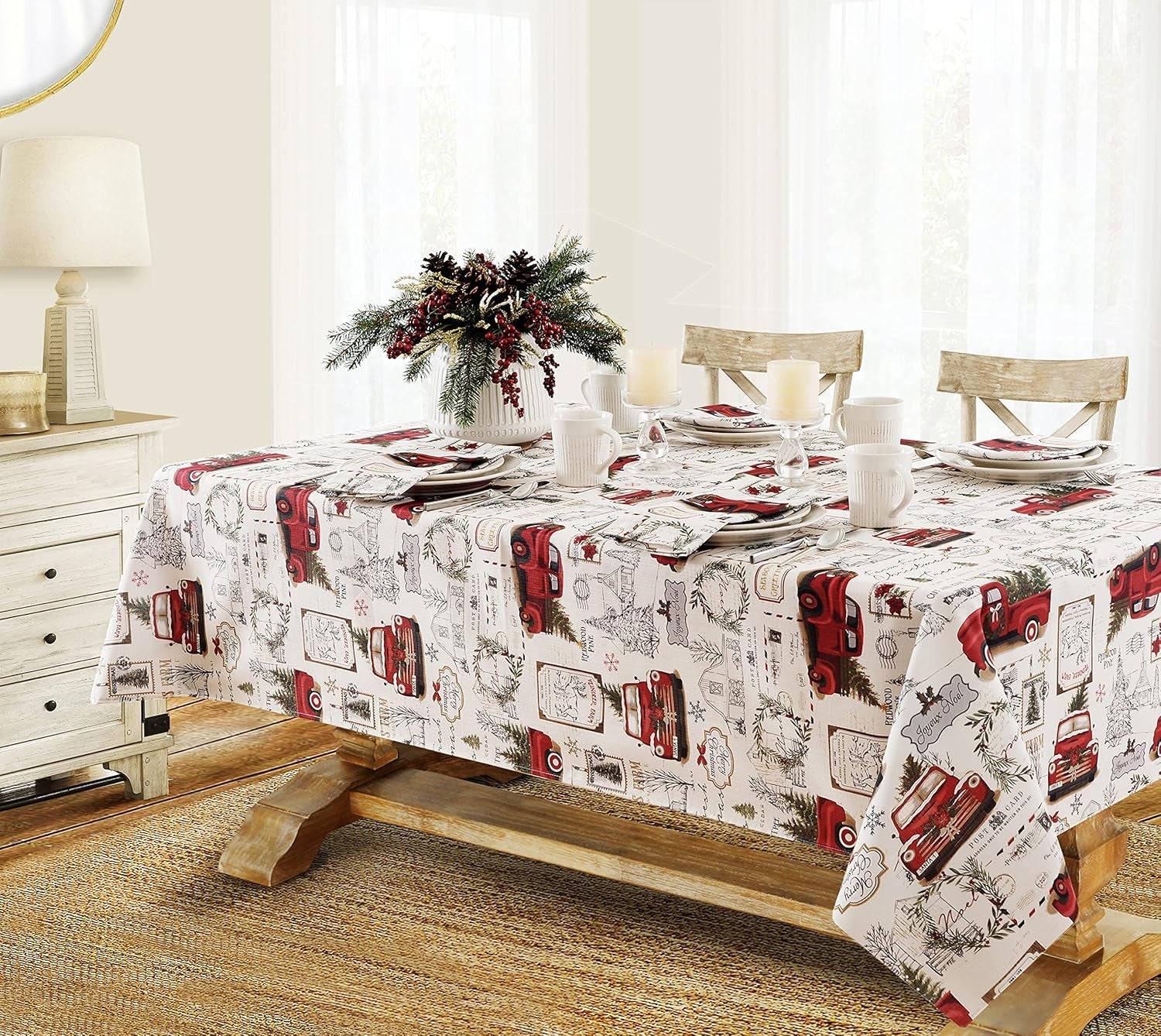 Christmas Pine Hill Tree Farm 52 X 70 Inch Rectangle Fabric Tablecloth, Nostalgic Retro Holiday Country Farm Truck No Iron and Stain Resistant Table Cover for Party, Banquet and Buffet