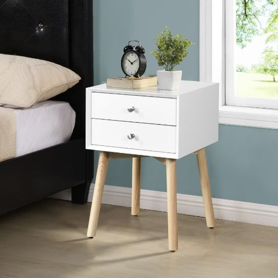 Side Table With 1 Drawer And Rubber Wood Legs, Mid-Century Modern Storage Cabinet For Bedroom Living Room Furniture