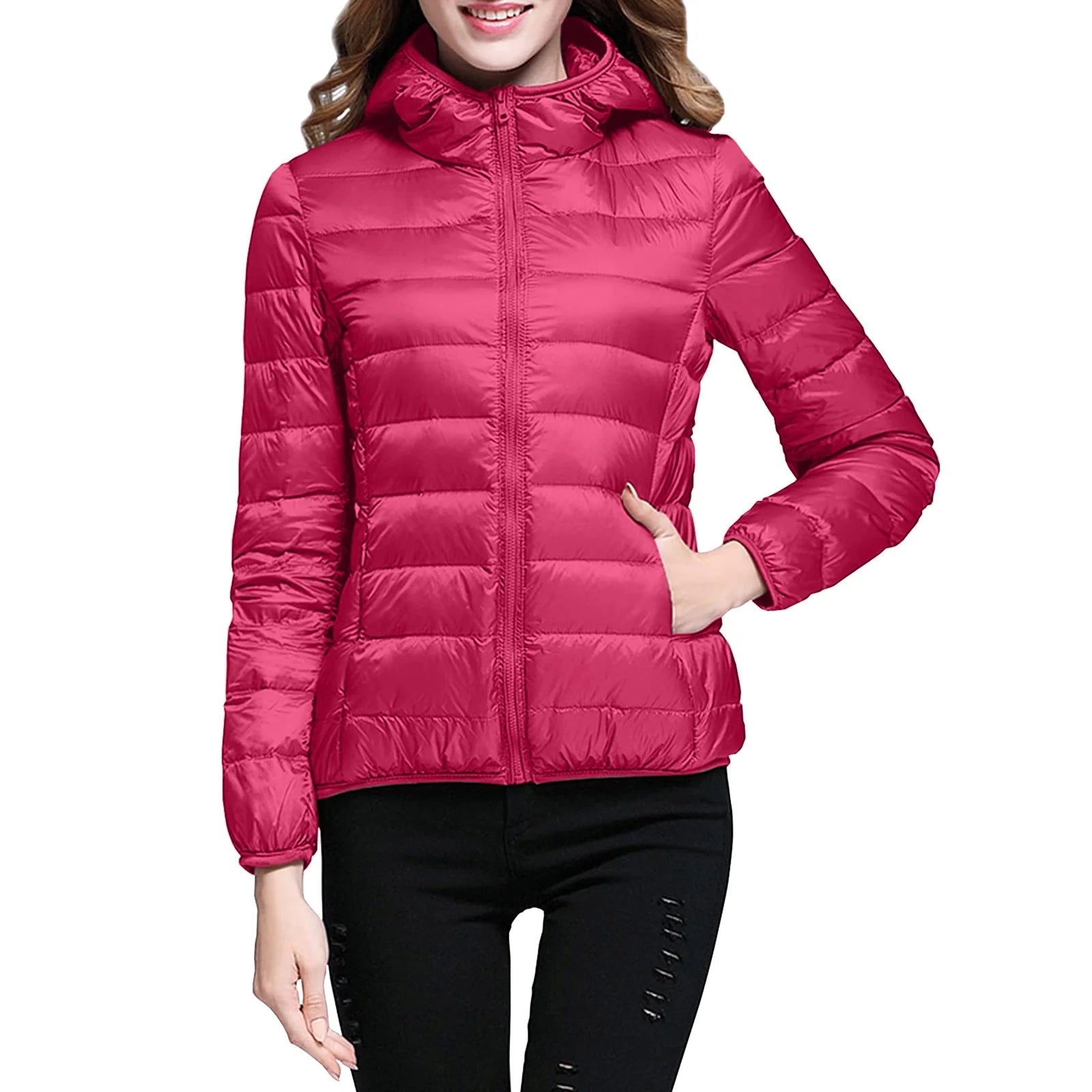 Women'S Packable down Jacket Lightweight Puffer Jacket Hooded Winter Coat Hot Pink L