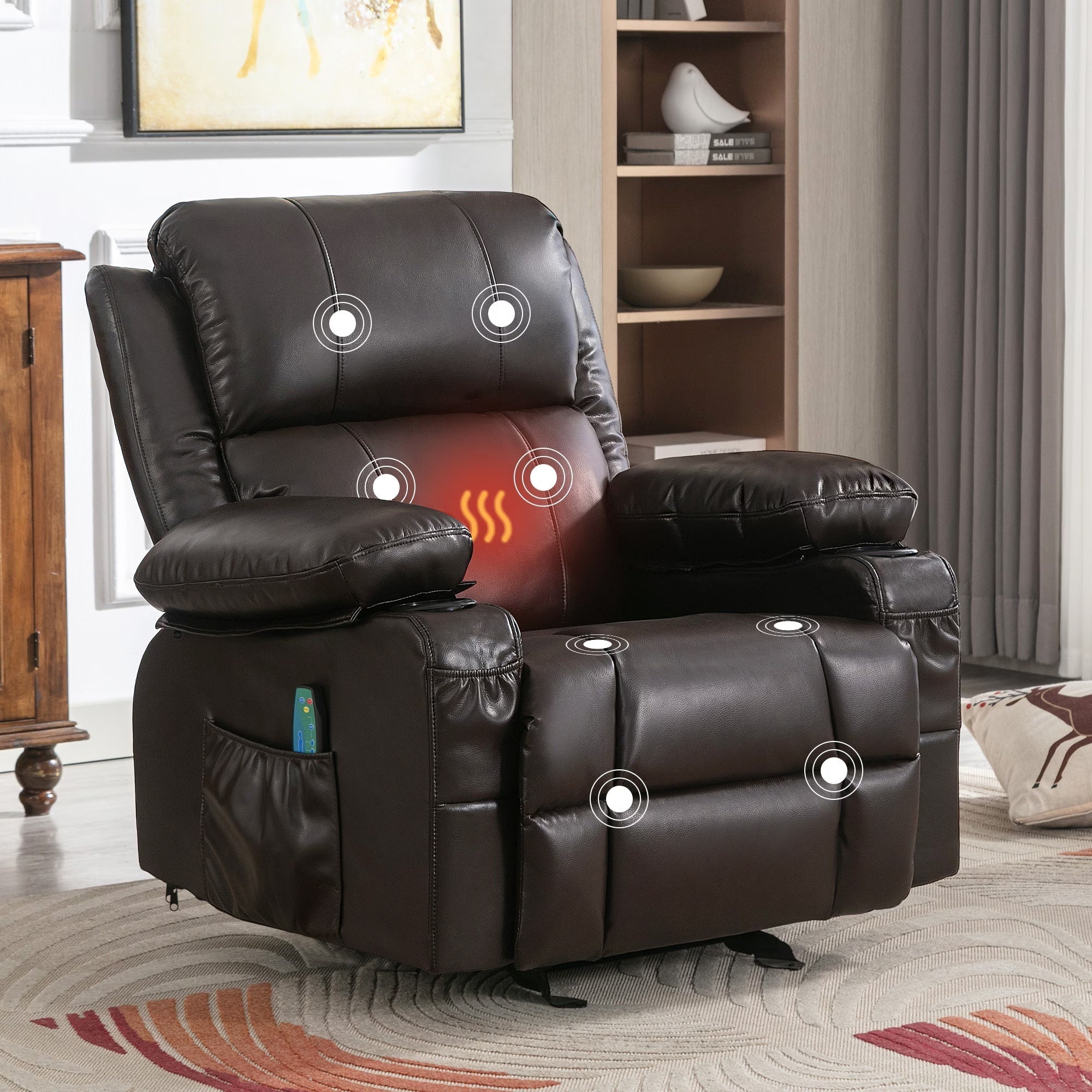 Recliner Chair Rocking Chairs For Adults With 2 Cup Holders, USB Charge Port Soft Features A Manual Massage And Heat.BROWN