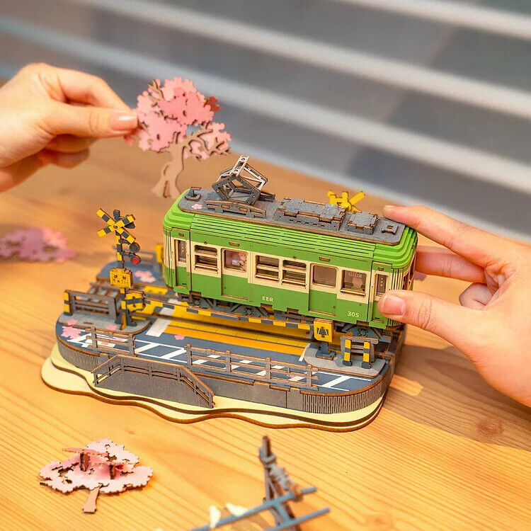 Rolife  Sakura Journey Tram Car 3D Wooden Puzzle Model Toys Teens Gift