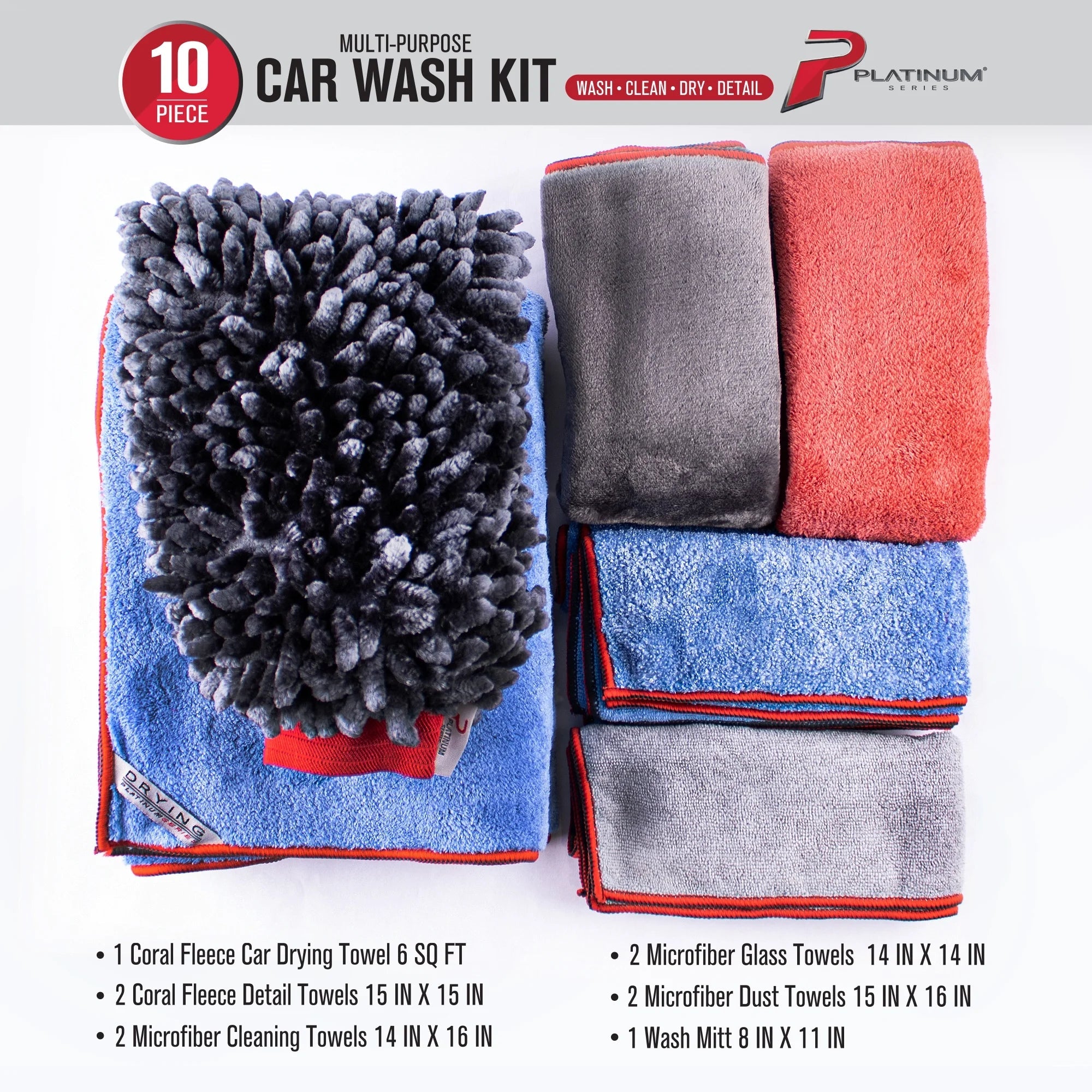 Complete Microfiber Car Wash Kit, 10 Piece,