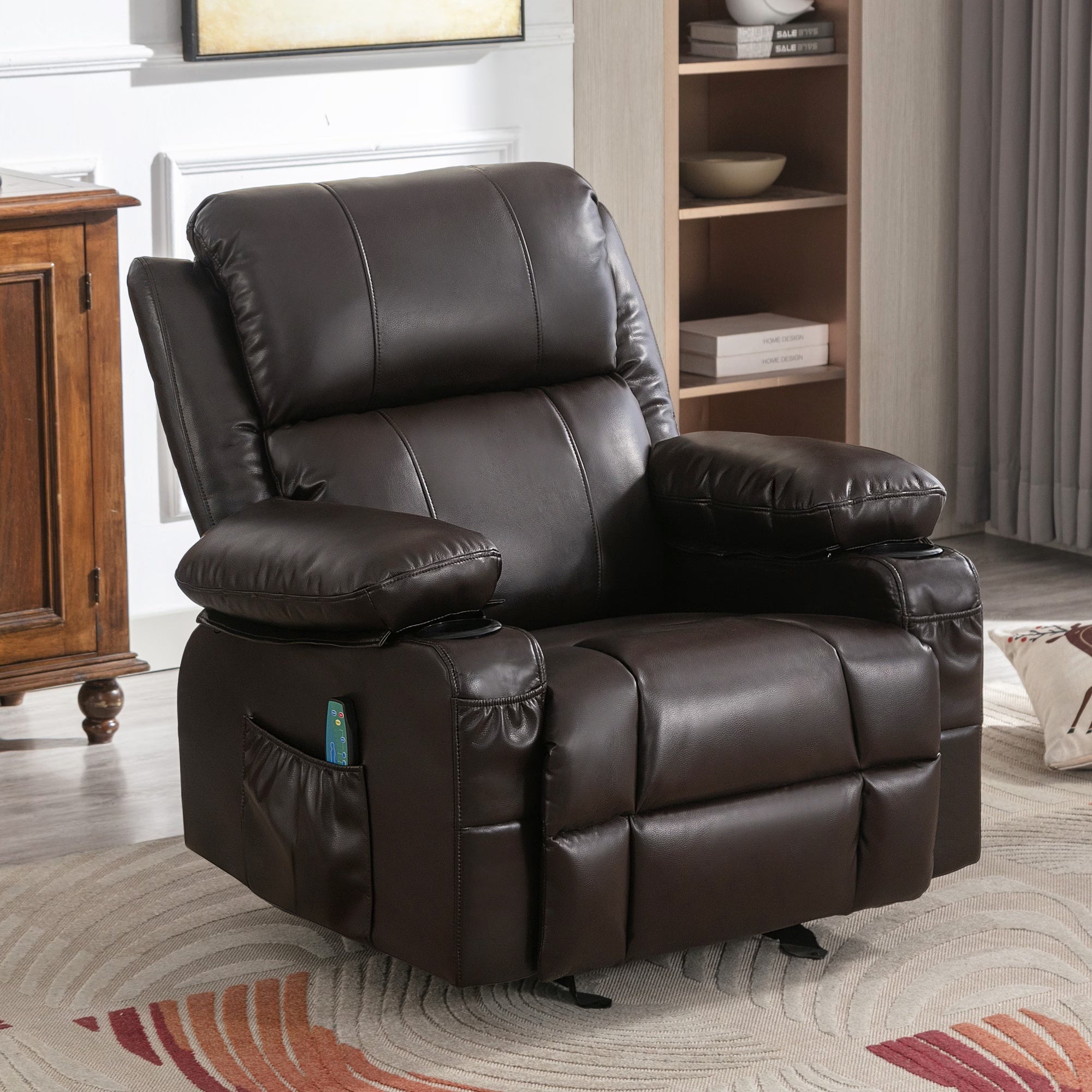 Recliner Chair Rocking Chairs For Adults With 2 Cup Holders, USB Charge Port Soft Features A Manual Massage And Heat.BROWN