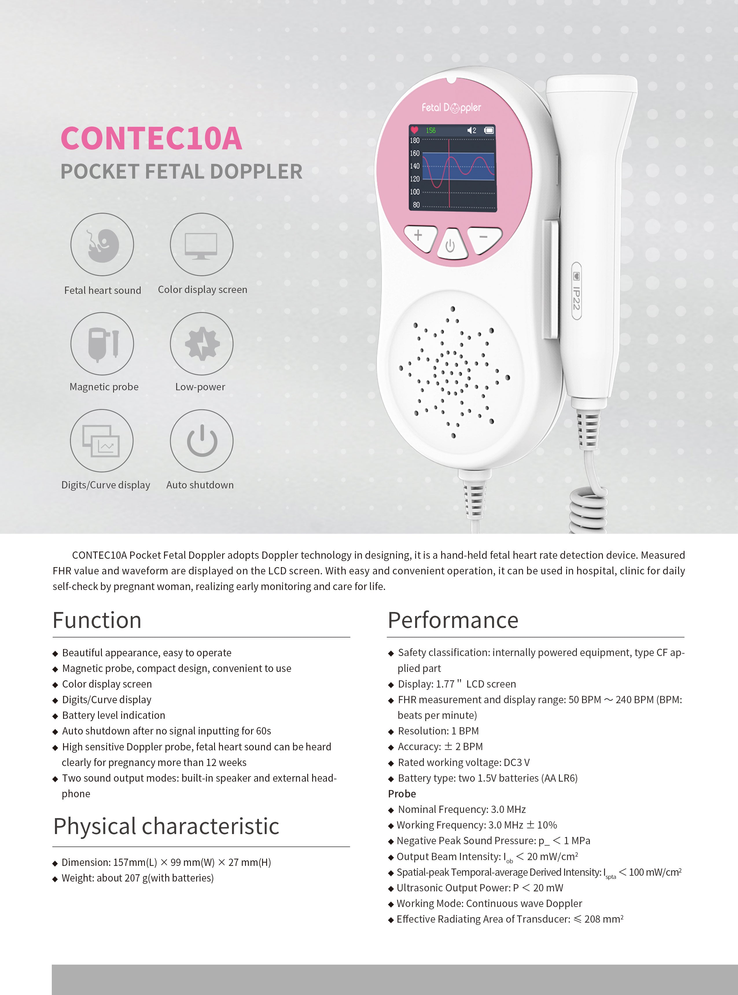 Pocket Fetal Doppler Digits Curve Display Pregnancy Baby Heart Rate Monitor,3Mhz Pink