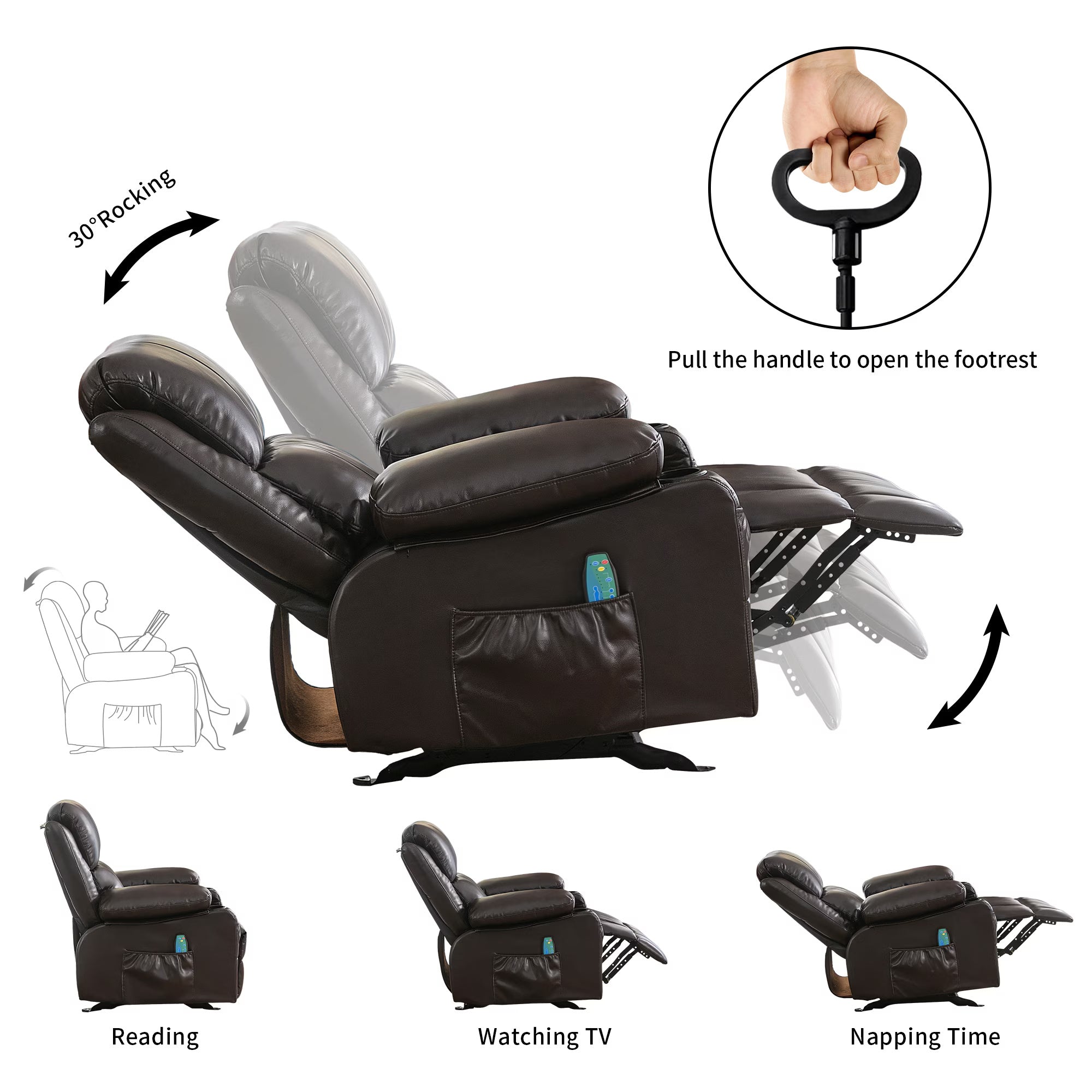 Recliner Chair Rocking Chairs For Adults With 2 Cup Holders, USB Charge Port Soft Features A Manual Massage And Heat.BROWN