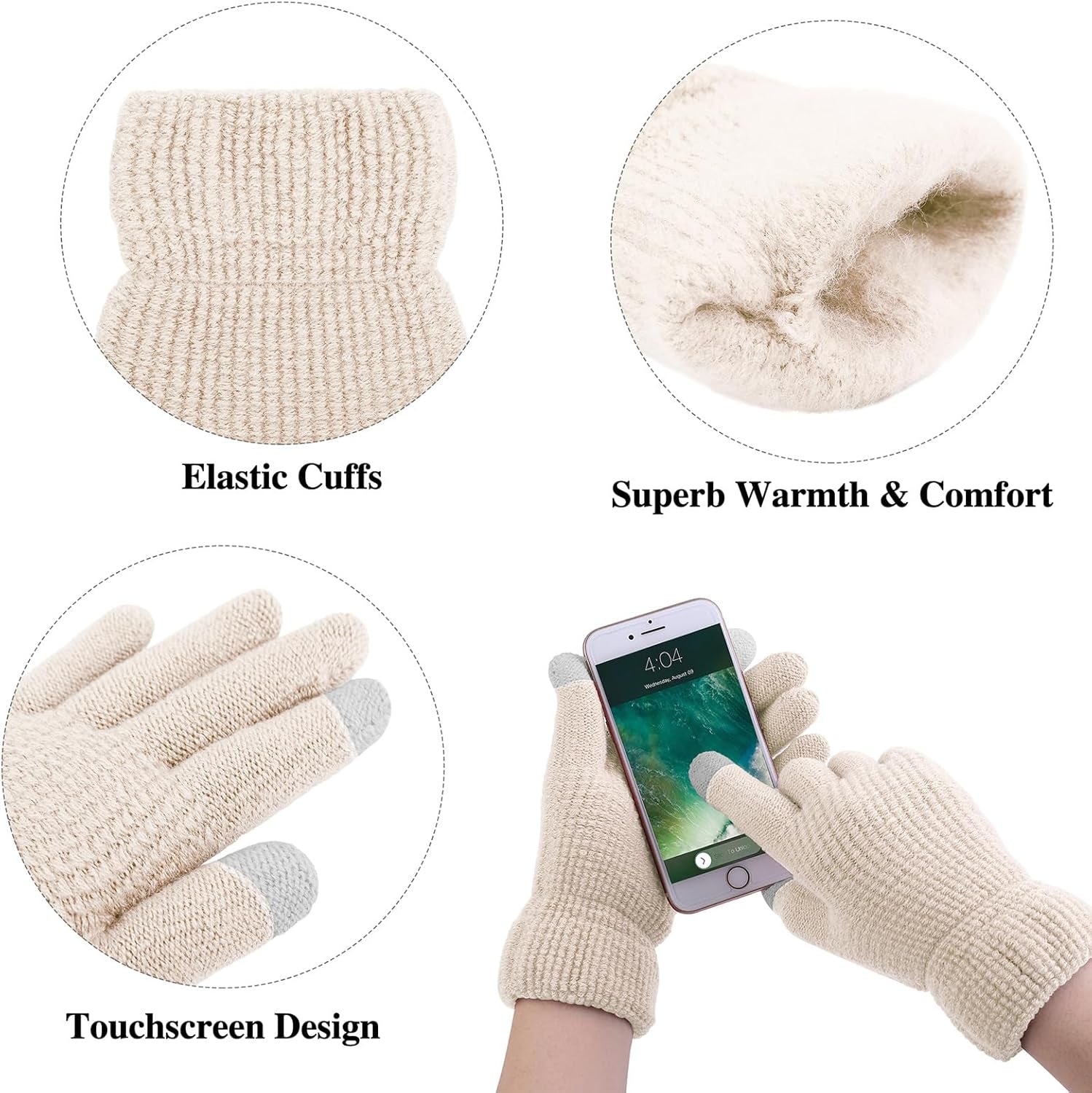 Womens Winter Warm Sets Knitted Fur Pompoms Beanie Hat Circle Loop Scarf Touch Screen Gloves Winter Favor Accessories