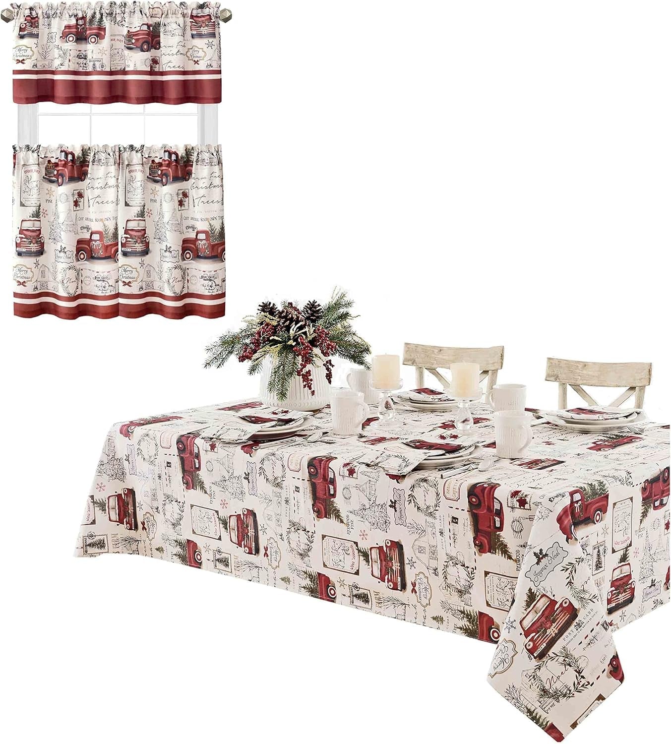 Christmas Pine Hill Tree Farm 52 X 70 Inch Rectangle Fabric Tablecloth, Nostalgic Retro Holiday Country Farm Truck No Iron and Stain Resistant Table Cover for Party, Banquet and Buffet