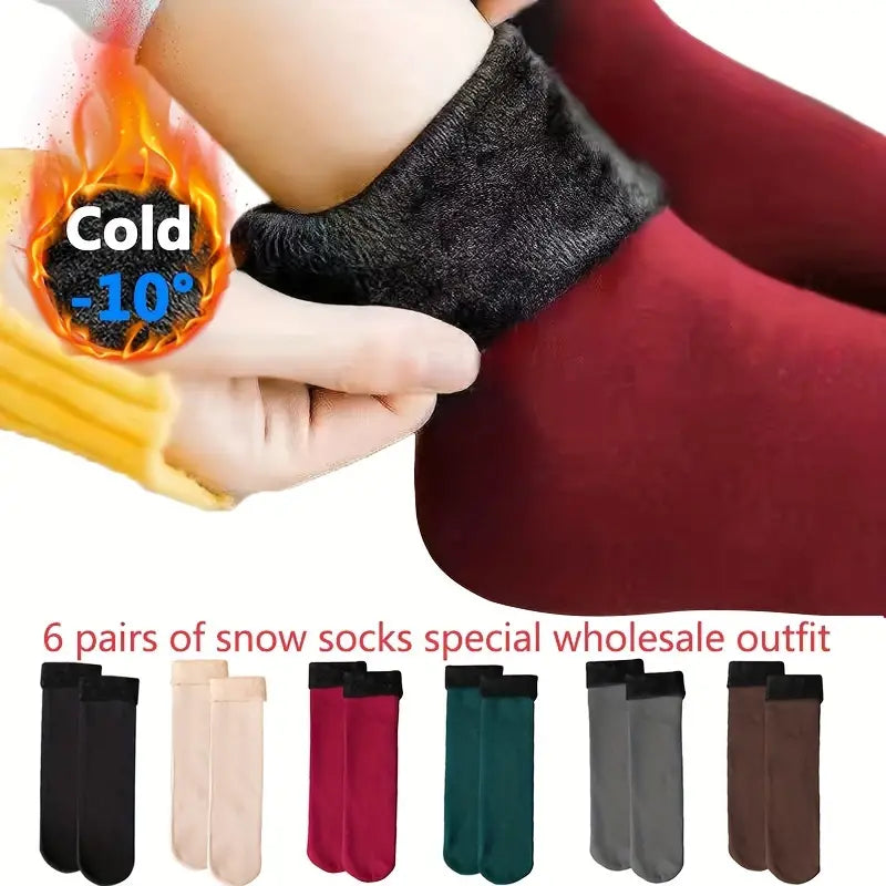 6 Pairs Winter Thermal Socks - Unisex Thickened Fleece Lined Mid-Calf Boot Socks, Soft Polyester and Spandex Knit Fabric, Solid Color, Hand Wash Recommended