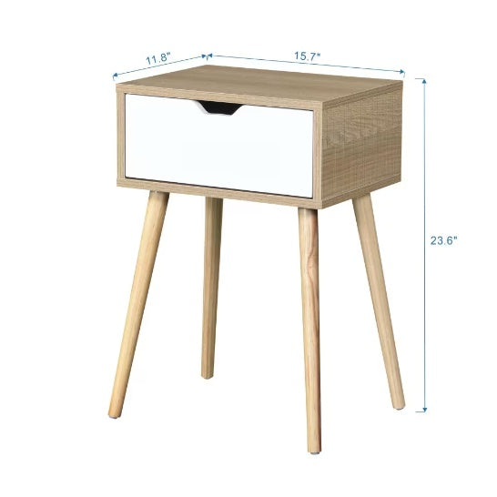 Side Table With 1 Drawer And Rubber Wood Legs, Mid-Century Modern Storage Cabinet For Bedroom Living Room Furniture