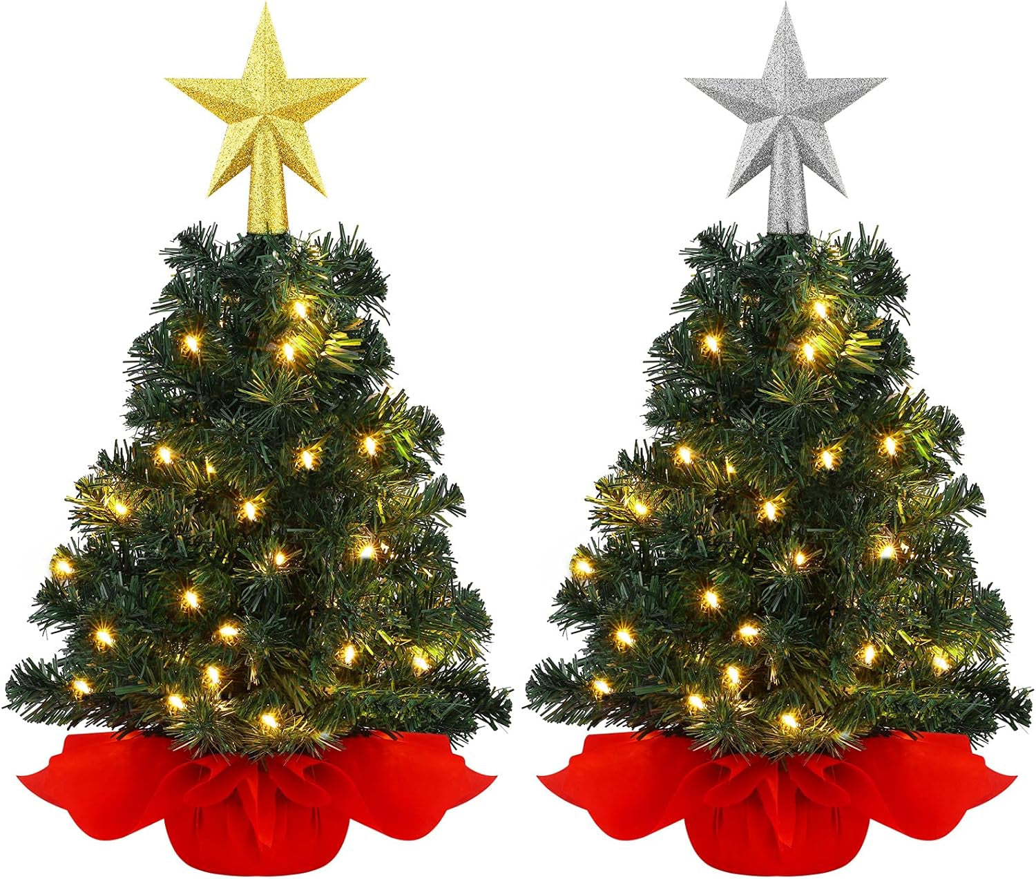 2 Pack 18 Inches X 2 Feet Mini Tabletop Christmas Tree Red Mini Artificial Christmas Trees with 50 LED Lights for Christmas Decor Indoor Home