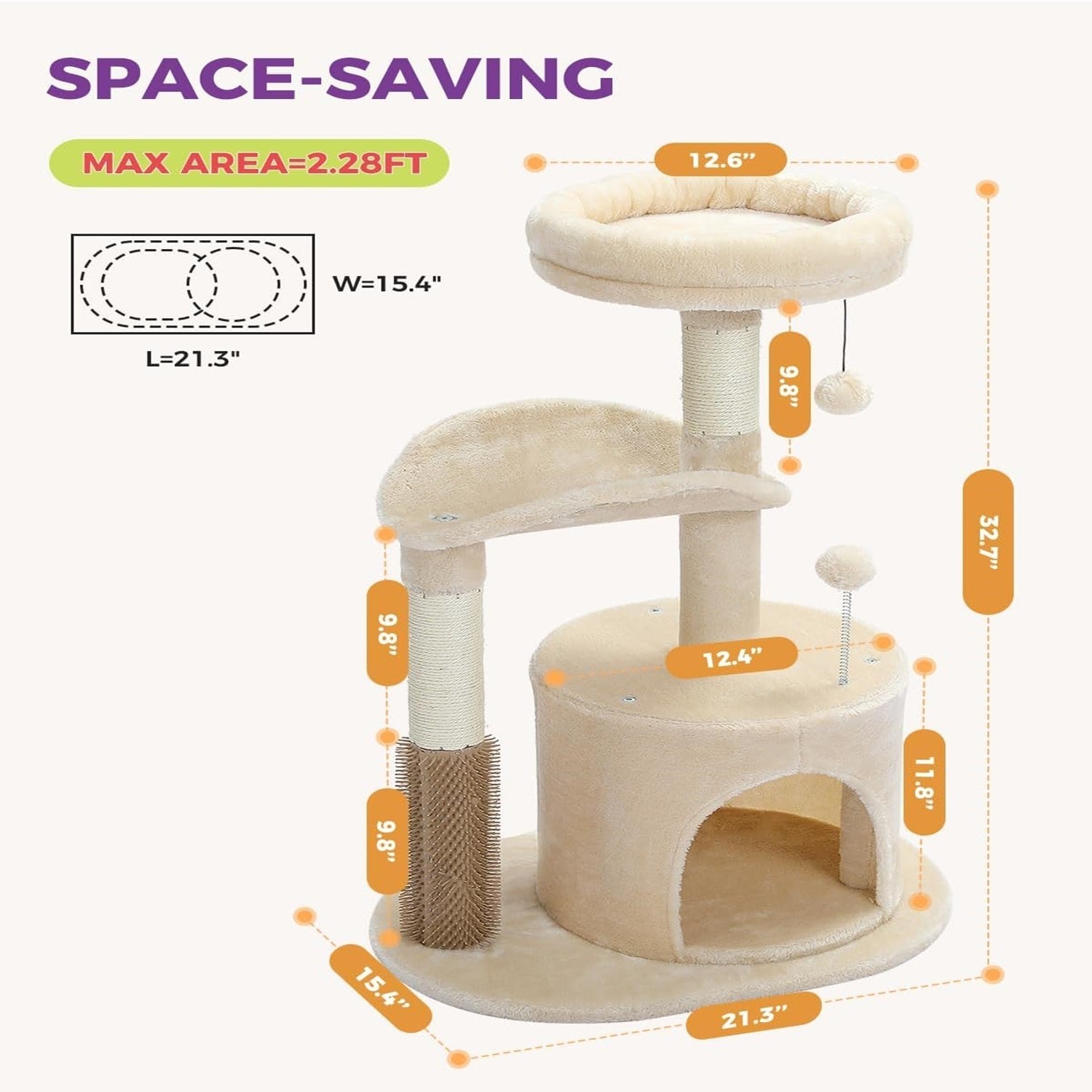 Small Cat Tree For Indoor Cats, Medium Cat Tower With Interactive Cat Toy, 32.7-inch Cat Condo With Self Groomer Brush, Natural Cat Scratching Post, Dangling Balls For Small & Medium Cats, Beige