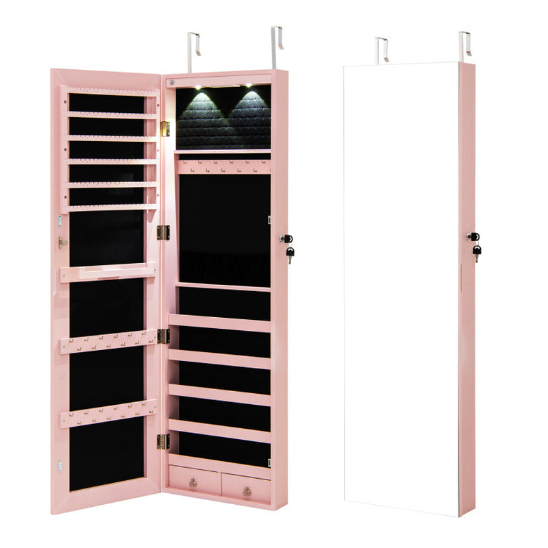 Wall and Door Mounted Mirrored Jewelry Cabinet with Lights