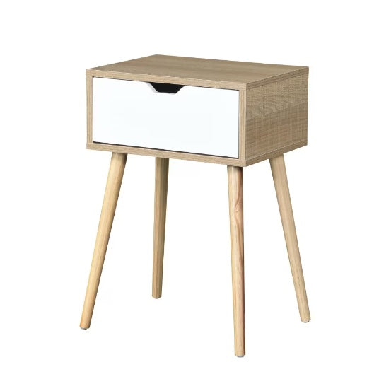 Side Table With 1 Drawer And Rubber Wood Legs, Mid-Century Modern Storage Cabinet For Bedroom Living Room Furniture