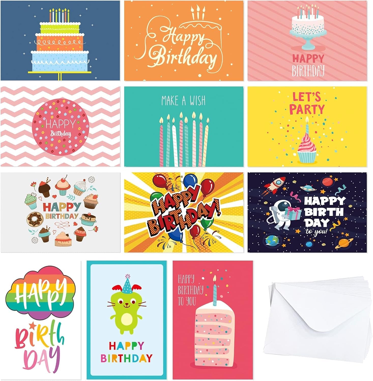 12 Birthday Cards Assortment - Birthday Candles Series Assorted Birthday Blank Note Cards with White Envelopes for Birthday, 4X6 Inch