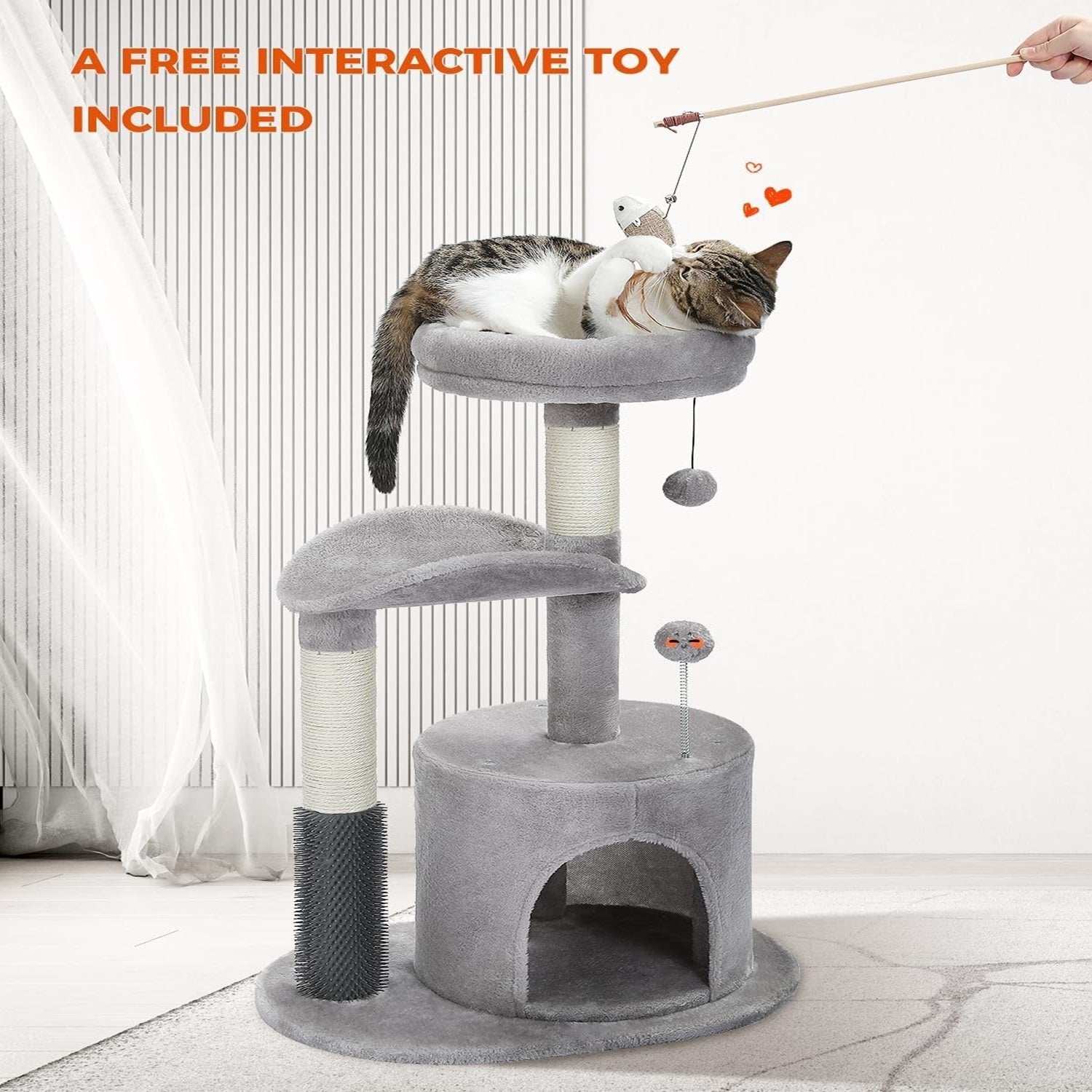 Small Cat Tree For Indoor Cats, Medium Cat Tower With Interactive Cat Toy, 32.7-inch Cat Condo With Self Groomer Brush, Natural Cat Scratching Post, Dangling Balls For Small & Medium Cats, Beige