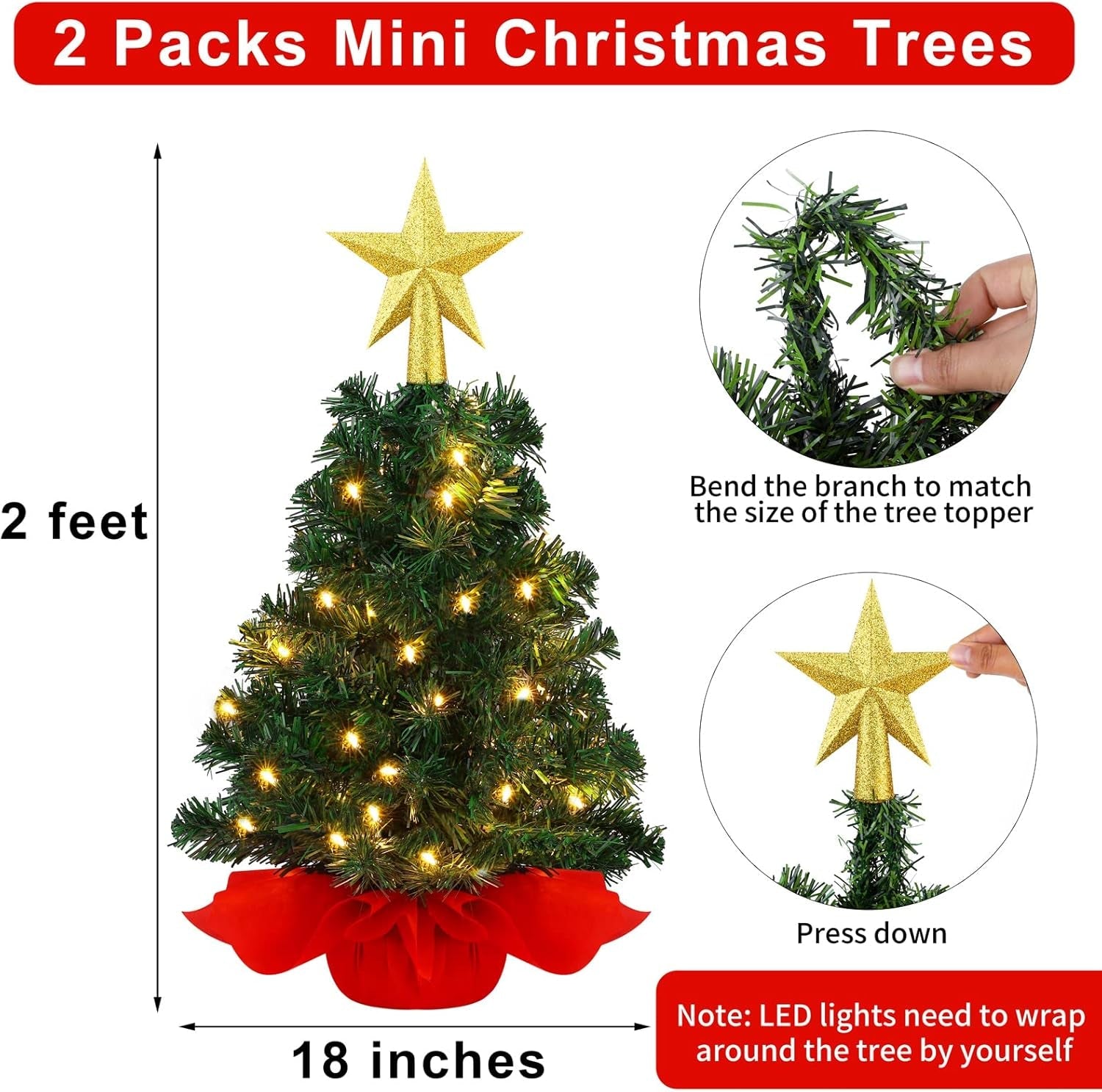 2 Pack 18 Inches X 2 Feet Mini Tabletop Christmas Tree Red Mini Artificial Christmas Trees with 50 LED Lights for Christmas Decor Indoor Home