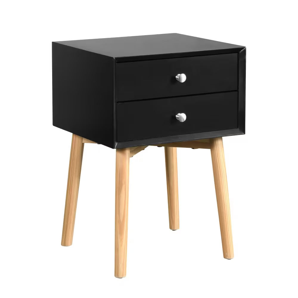 Side Table,Bedside Table With 2 Drawers And Rubber Wood Legs, Mid-Century Modern Storage Cabinet For Bedroom Living Room